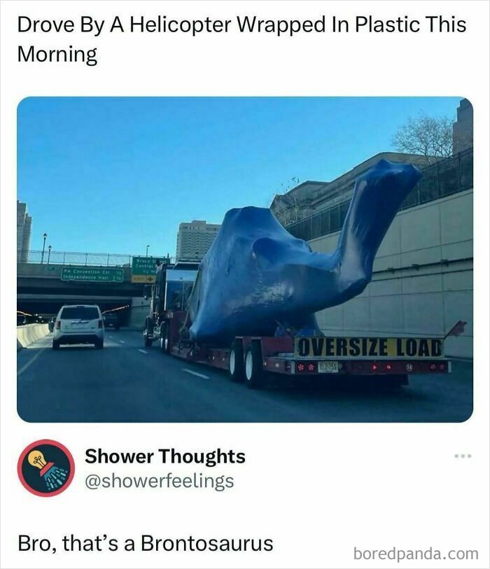 Truck carrying a large humorously wrapped object resembling a dinosaur tagged as an oversize load in a random meme