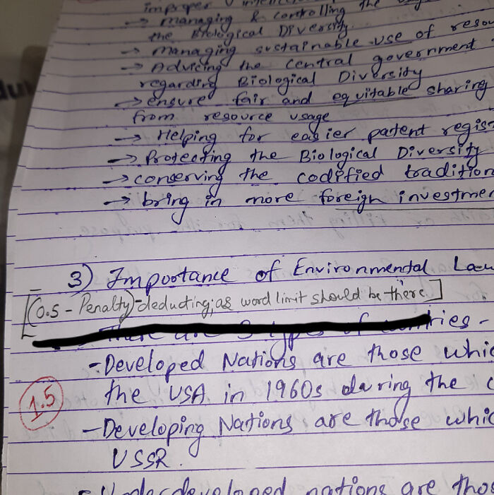 Handwritten notes with a teacher's comment on word count deduction, highlighting infuriating teaching practices.