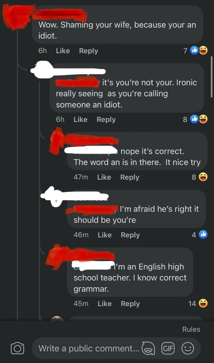 Facebook comment thread with grammar corrections, highlighting bad infuriating teachers misunderstanding language rules.