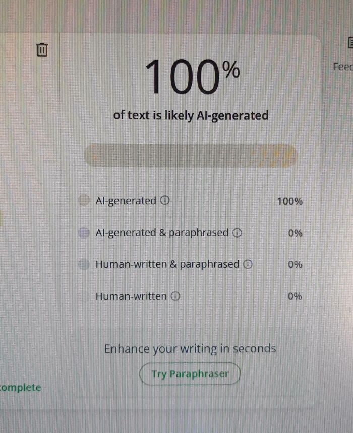 "AI-generated text indicator at 100% matching the bad writing of infuriating teachers."
