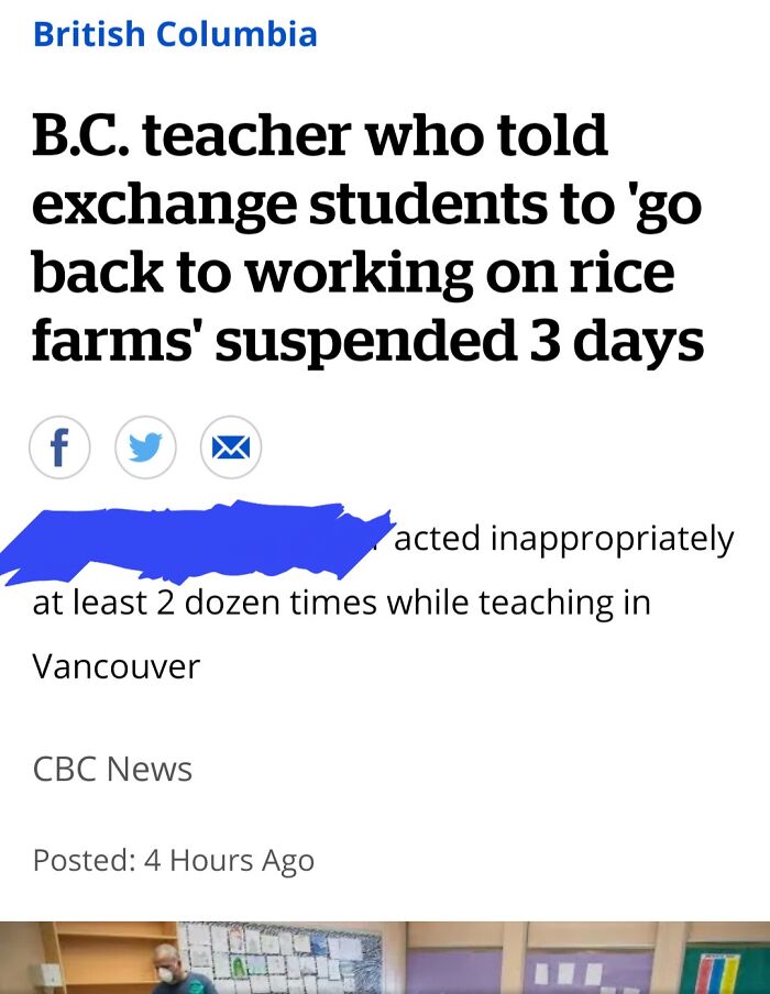 Article headline about a teacher suspended for inappropriate comments in Vancouver.