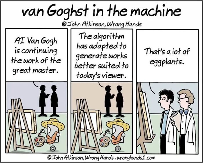 AI Van Gogh creating art with humorous commentary on algorithms; comic by John Atkinson referencing culture and art.