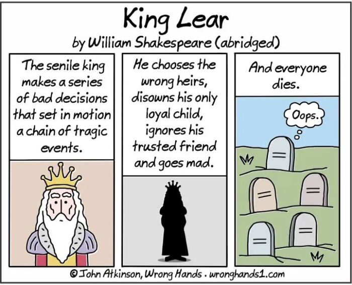 Comic by John Atkinson humorously summarizes King Lear with cultural and literary references.