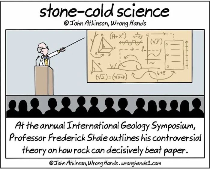 Cartoon by John Atkinson featuring a humorous geology lecture, referencing culture, literature, and art.