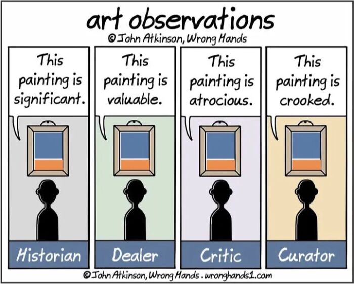 Comic by John Atkinson with four figures giving different critiques of a painting.