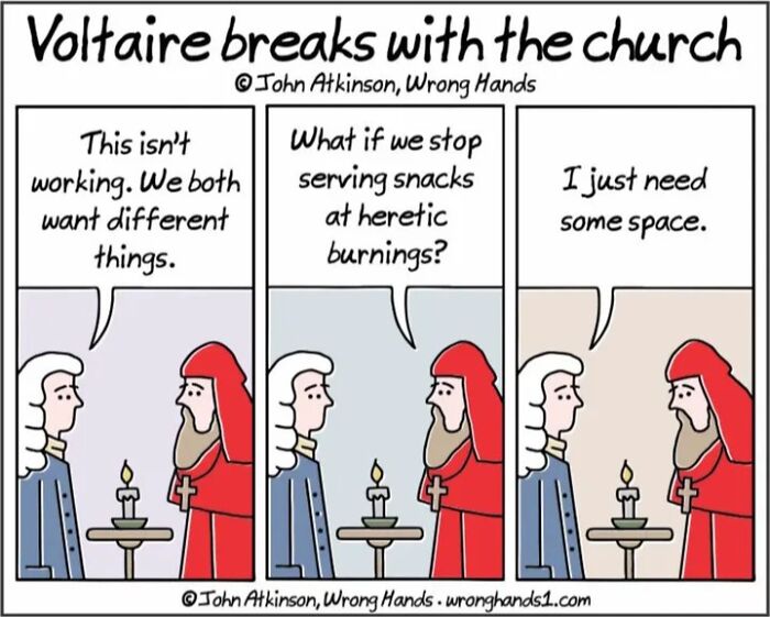 Comic by John Atkinson humorously depicting Voltaire&rsquo;s break with the church through a witty dialogue.