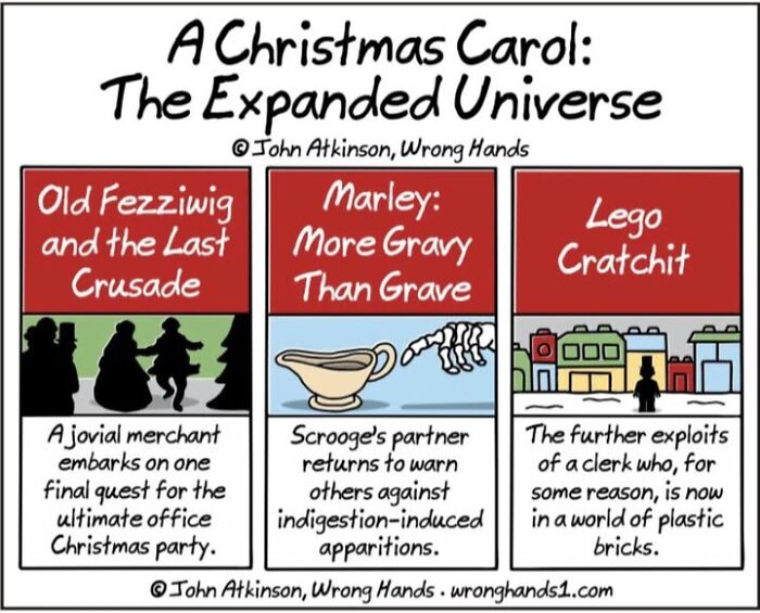 Comic by John Atkinson featuring humorous spins on &ldquo;A Christmas Carol&rdquo; with cultural and literary references.