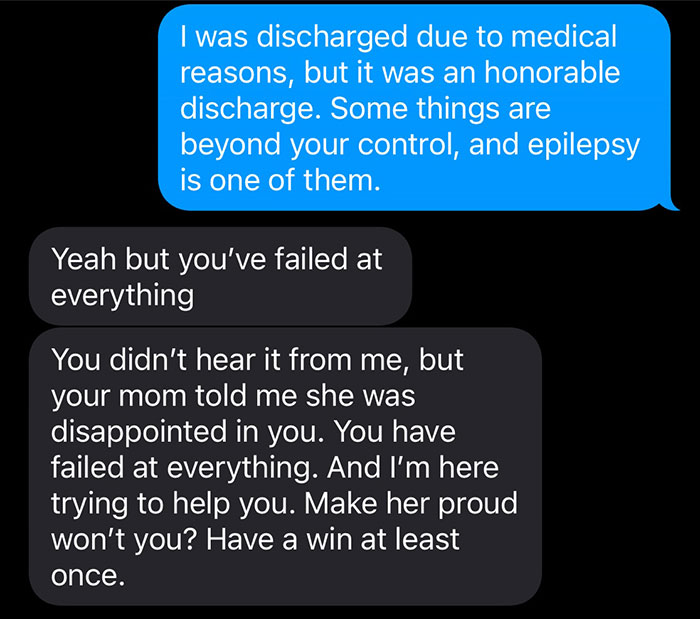 Text conversation about medical discharge and personal criticism.