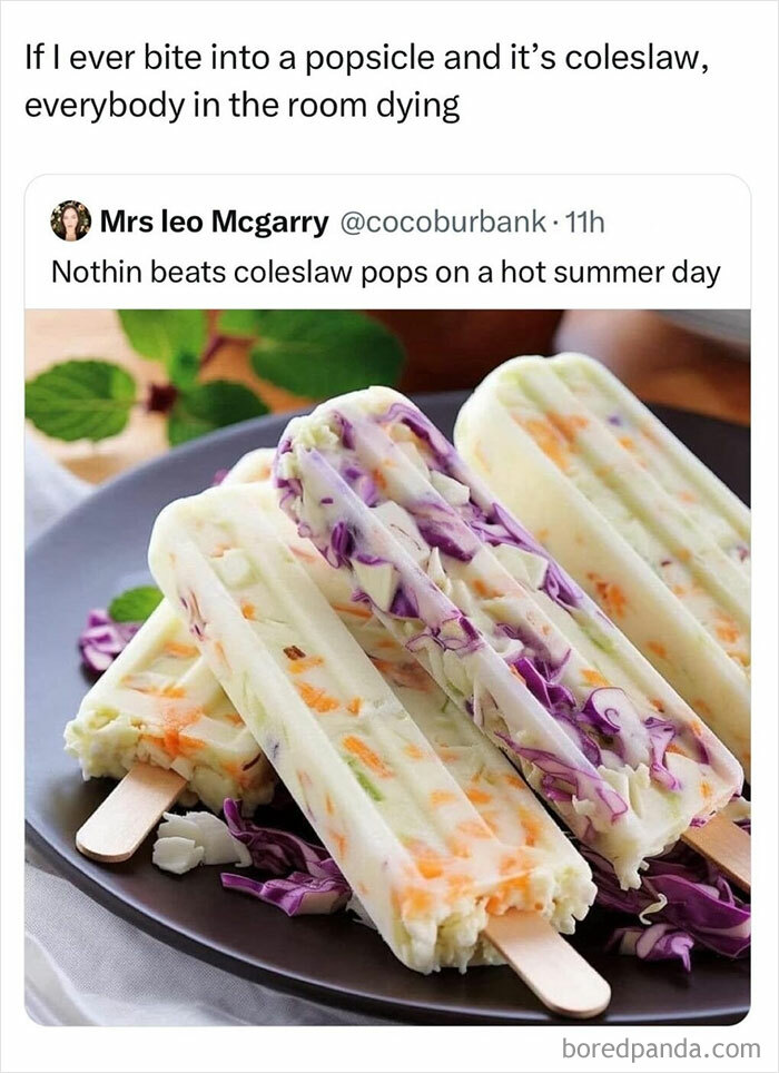 Coleslaw popsicle joke meme for those who love to cook, featuring veggies frozen in popsicle shapes.