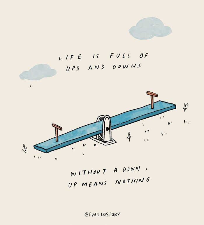 Illustration of a seesaw with text about life&rsquo;s ups and downs, promoting mental wellness and positivity.