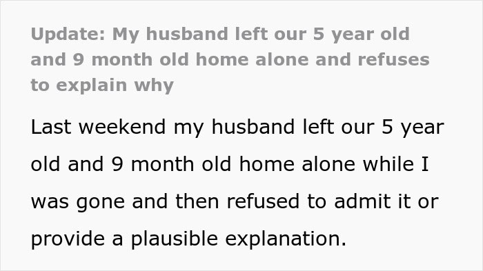 Text about a husband denying leaving small children alone, with wife questioning his honesty.