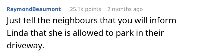 Reddit comment discussing neighbor parking car unauthorized in a driveway.