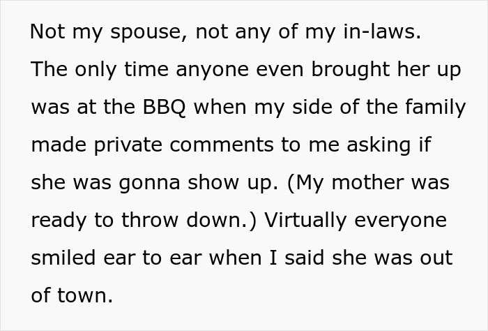 Text about family reactions at a BBQ when vegan SIL was mentioned, with private comments and lots of smiles.