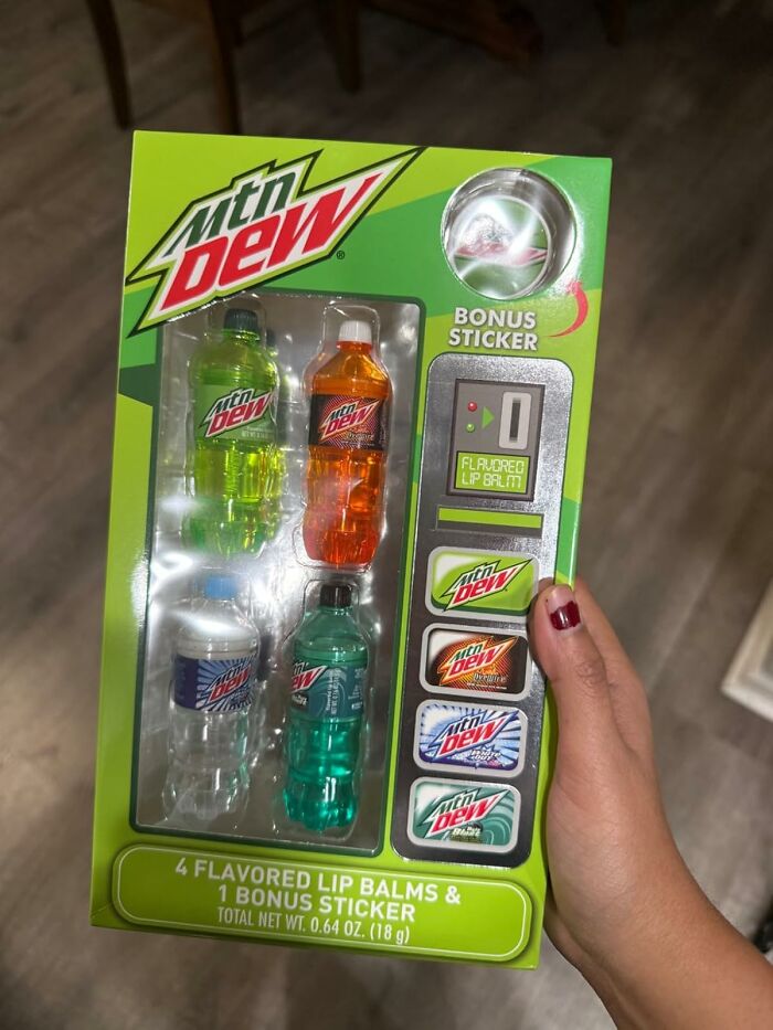 Mountain Dew lip balm set with bonus sticker, a hilarious Valentine's Day gift idea.