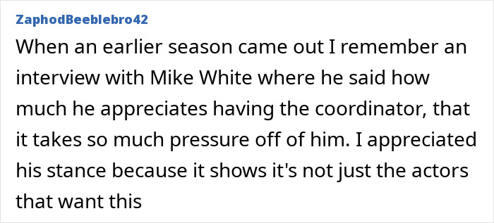 Text from ZaphodBeeblebro42 discussing Mike White's appreciation for intimacy coordinators.