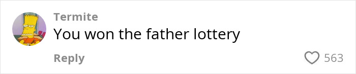 Comment saying "You won the father lottery" with a Bart Simpson avatar and 563 likes.