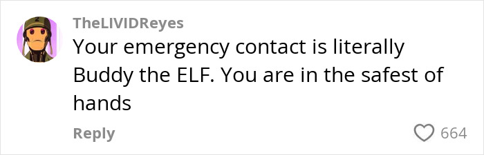 Comment referencing Buddy the Elf in the emergency contact trend with humor.