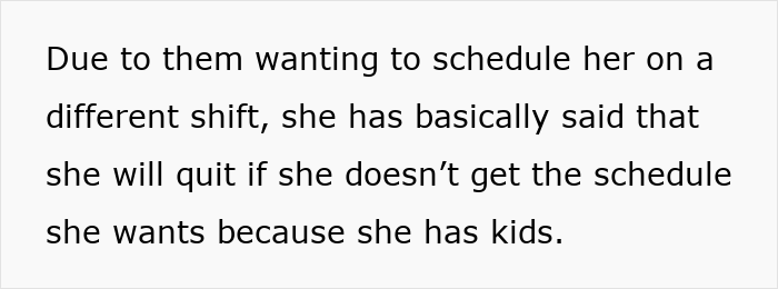 Text excerpt about a colleague threatening to quit over graveyard shift schedule due to caregiving needs.
