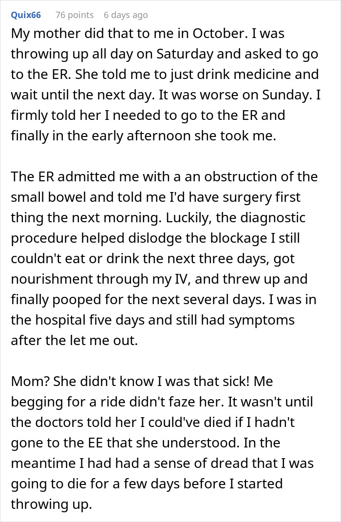 Reddit comment about personal medical emergency experience, related to marriage issues.