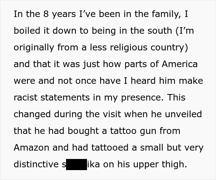 Text with words discussing family, cultural differences, and an offensive tattoo.