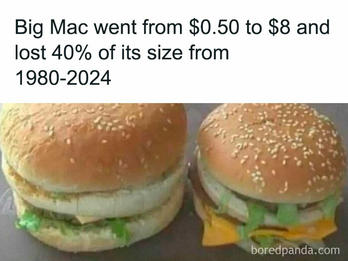 Comparison of two Big Macs side by side, illustrating size change over time; cooking humor meme.