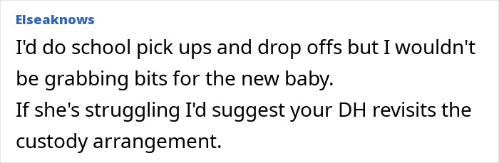 Comment discussing husband's ex being tired with new baby and custody arrangements.