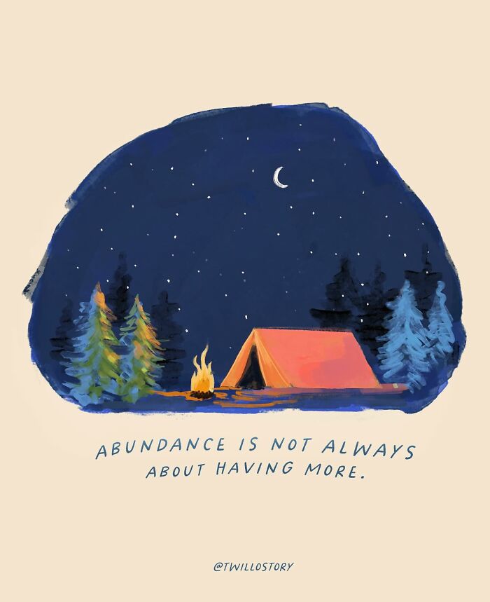 Illustration of a tent and campfire under a starry sky, promoting mental wellness and positivity with the quote on abundance.