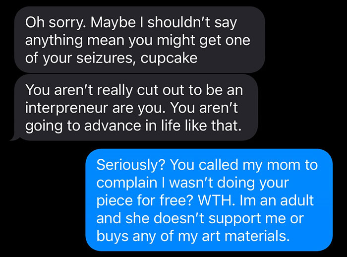 Text conversation arguing about a free painting, mentioning a complaint to a parent.