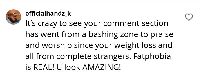 Comment praising Lizzo's weight loss and discussing fatphobia.