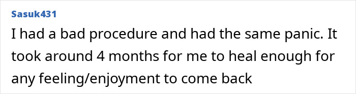 Comment discussing personal experience with healing after a genital procedure for women.