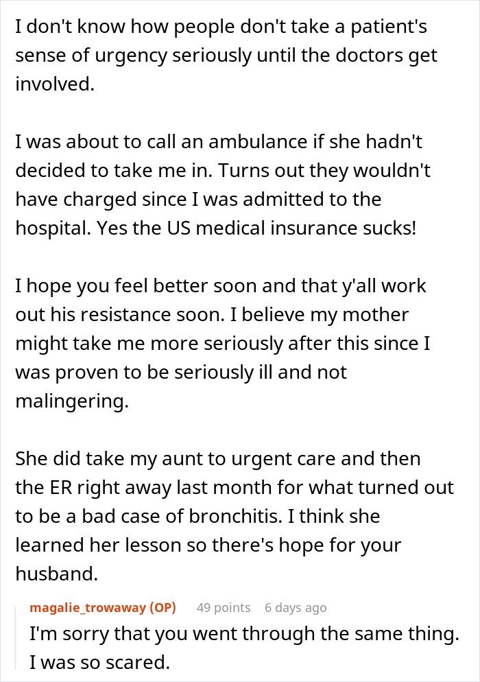 Text conversation about urgency in medical situations and its impact on marriage.