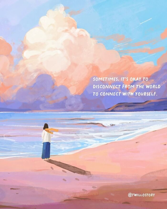 Illustration of a person standing on a beach, promoting mental wellness and positivity with a quote about self-connection.