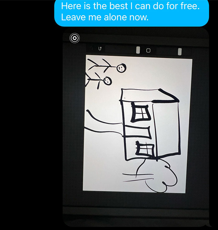 Simple drawing on a tablet with text message about influencer's demand for free painting.