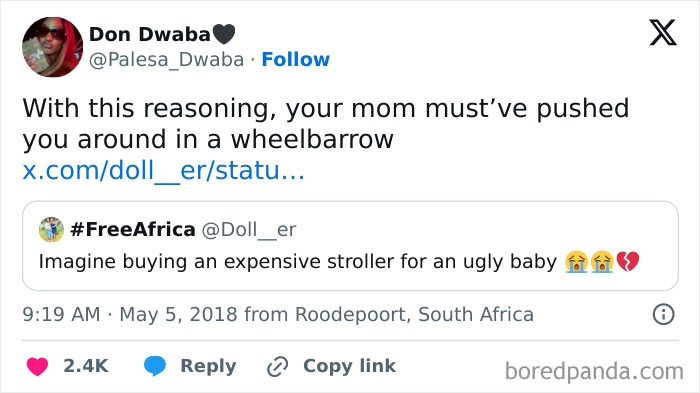 Text exchange using words as a weapon, with a witty comeback about strollers and wheelbarrows.