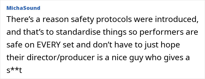 Text comment about the importance of safety protocols for performers and their standardization on set.