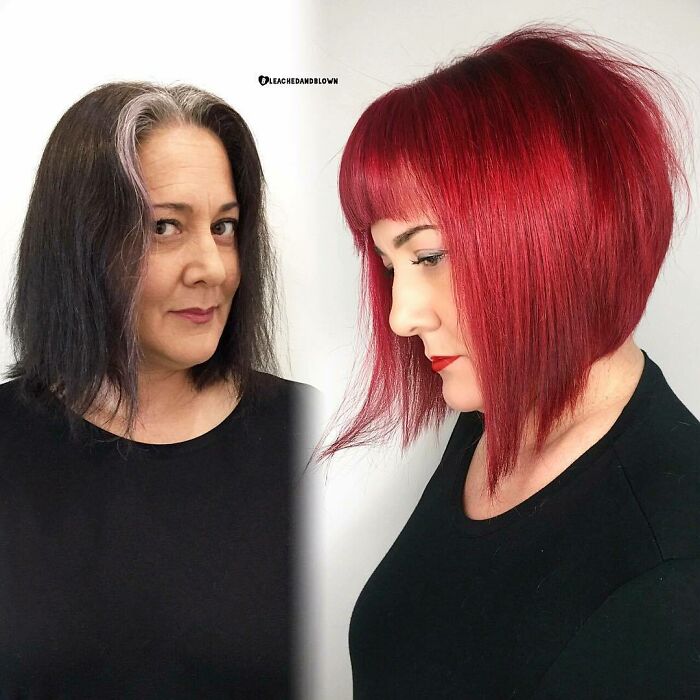 Before and after photos of a woman who changed her haircut completely to a vibrant red bob style.