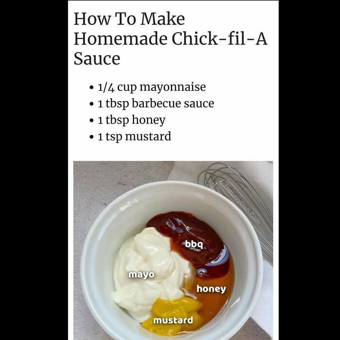 Homemade Chick-fil-A sauce ingredients in a bowl; mayonnaise, barbecue sauce, honey, mustard. Cooking meme theme.