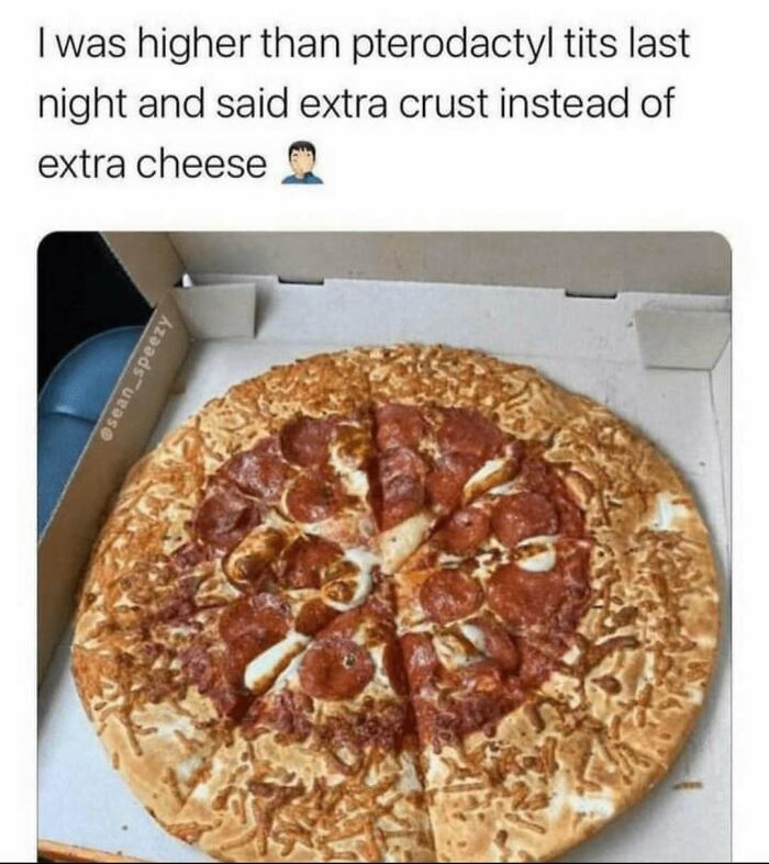 Pizza with extra crust and funny cooking meme caption above.