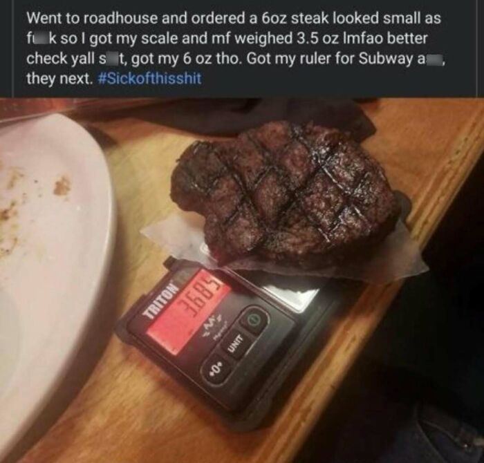 Steak on a scale showing 3.6 oz, highlighting a cooking meme joke about portion sizes.