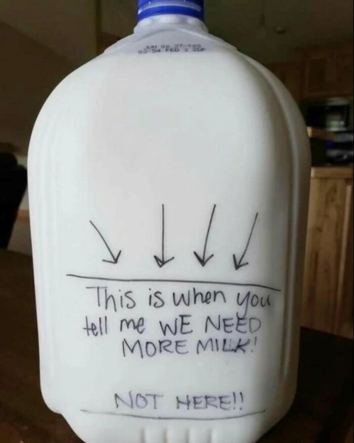 Milk jug with funny cooking meme about running out of milk.