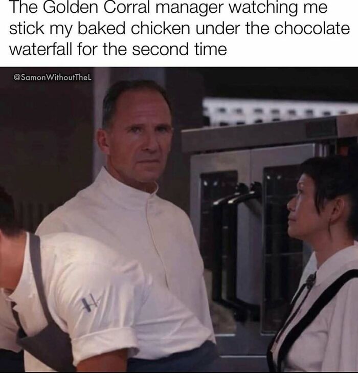 Chef watching a kitchen mishap with baked chicken. Humorous cooking meme scene.