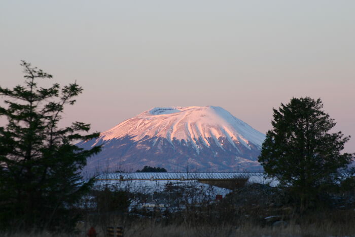 Snow-capped mountain at sunset with trees in the foreground, highlighting random world&rsquo;s natural beauty.