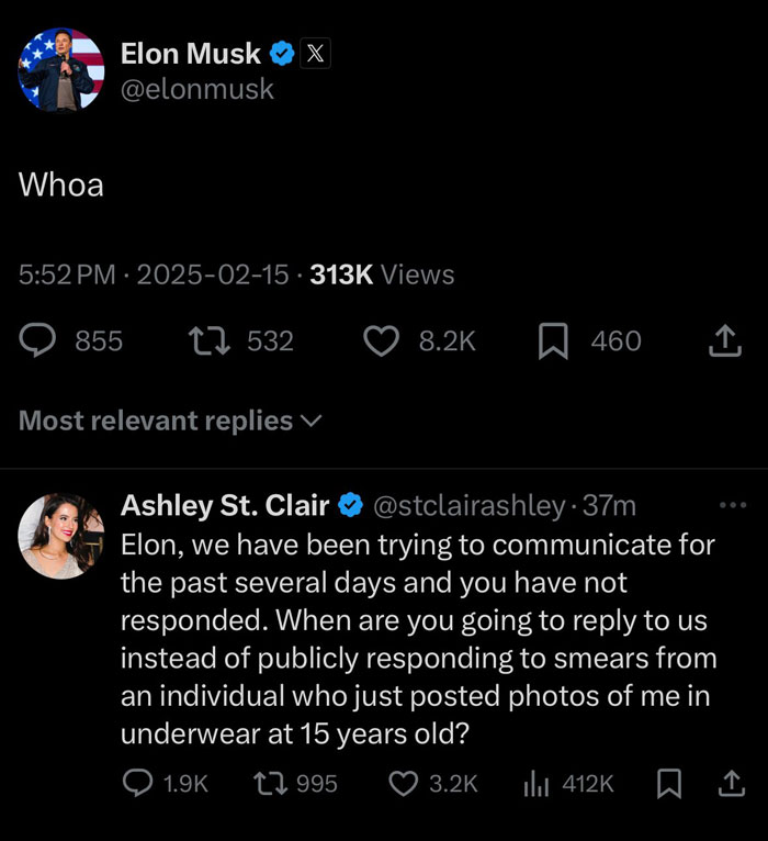 Elon Musk's tweet and Ashley St. Clair's response about communication issues, discussing personal matters publicly.