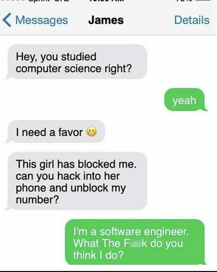 Awkward text exchange with a request to hack a phone, showing confusion in communication.