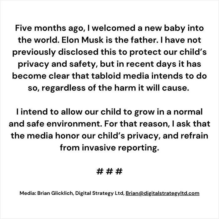 Text statement regarding Elon Musk and child\'s privacy request, emphasizing media restraint and safety concerns.