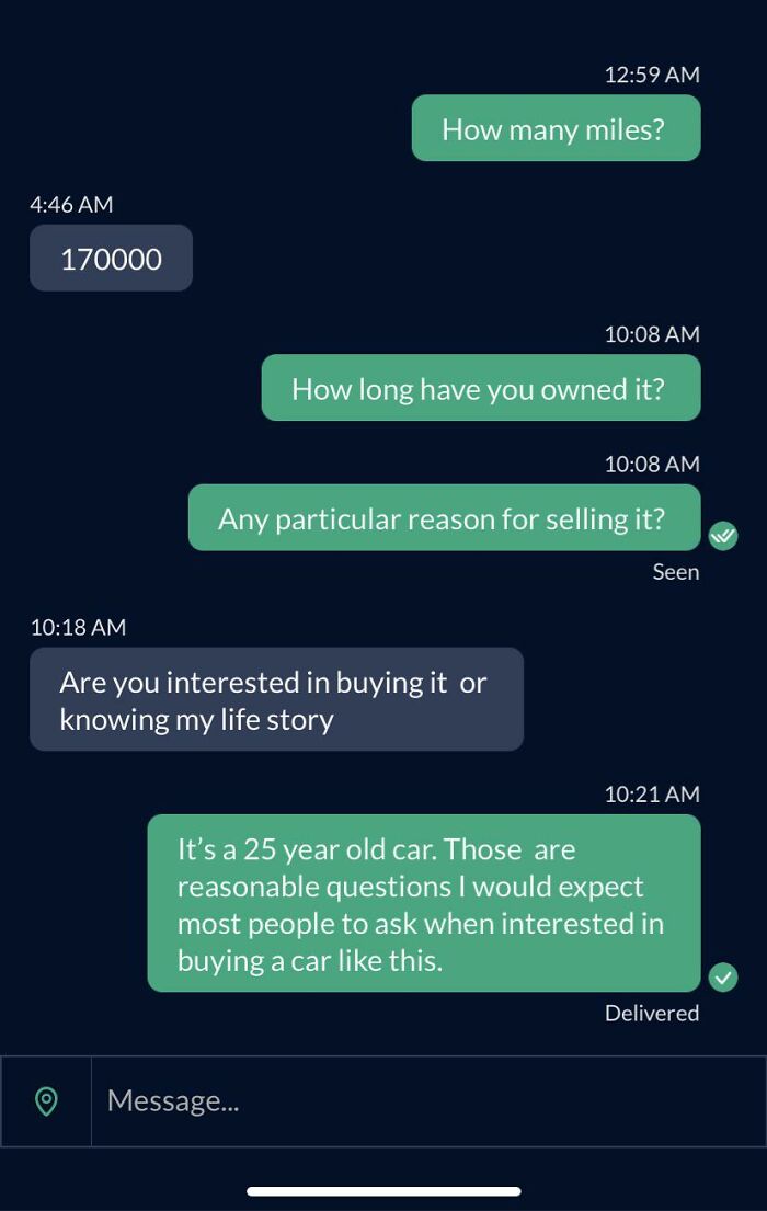 Awkward text exchange about buying a car with questions about mileage and ownership history.