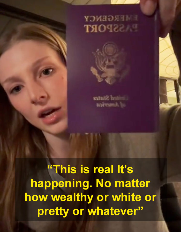 Trans actress holding a passport with text overlay about identity and equality issues.