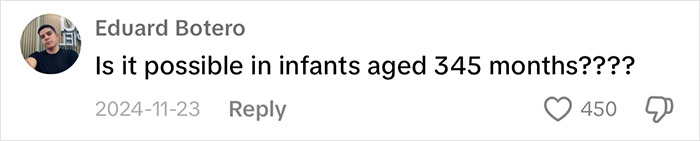 Comment joking about baby farting tips, questioning if tips apply to infants aged 345 months, with 450 likes.