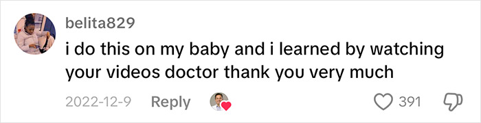 Comment praising doctor's baby farting tips with user gratitude and engagement stats.