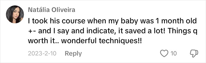 User comment praising baby farting tips, noting effective techniques and positive results from a course taken.